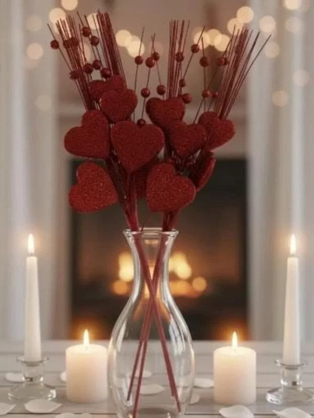 Red Glitter Heart Spray Valentine's Mother's Day Stem Craft Supplies Pick